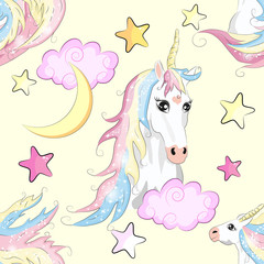 Obraz na płótnie Canvas Seamless pattern with cute unicorns, stars, hearts, rainbow, moon, doodle abstractions. Magic endless background with little unicorns.