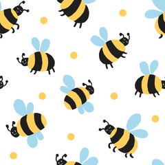 Allover seamless repeat pattern with big fat fluffy striped happy smiling bees and yellow polka dots