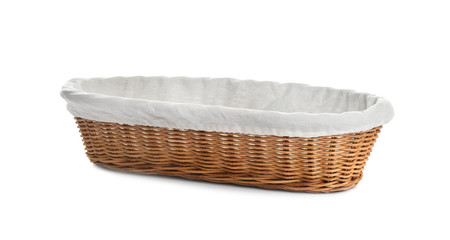 Empty wicker basket for bread on white background