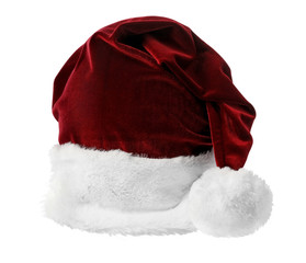 Dark red Santa Claus hat on white background