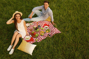 Happy couple having picnic in park on sunny day, above view