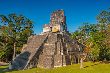The main square of the Mayan Tikal archaeological site with the impressive Temple II pyramid midst...