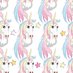 Fototapeta premium pattern with cute unicorns, clouds,rainbow and stars. Magic background with little unicorns.