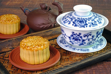 Moon cake for Mid autumn festival (Zhongqiujie or Zhongqiu festival) , Retro vintage style of Chinese traditional food and dessert. (Moon cake is call 