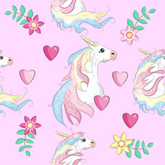 Seamless unicorn pattern with hearts and stars.