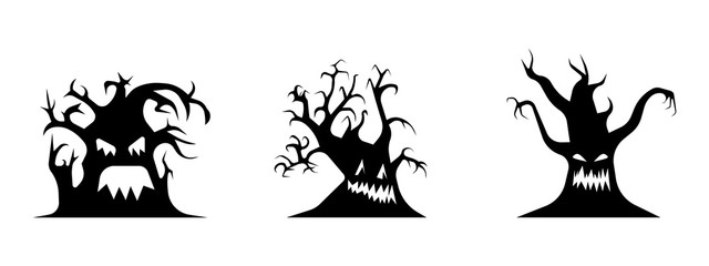 Halloween trees. Black and white silhouette set. Vector illustration.