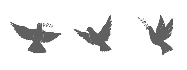 Pigeons silhouettes set. Symbol of Peace, Love, Tolerance and Trust. Vector Illustration.