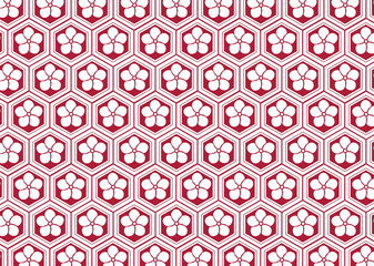 亀甲柄に梅をあしらった和柄の背景素材