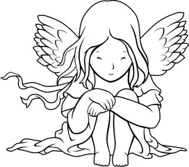 Cute Baby Angel Sitting Position, Line Art