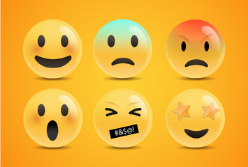 Emoji Feeling Faces Vector. Communication Chat Elements in yellow ball bubble 3D face. Lovely social media icon stickers. Modern and Creative design in EPS10 vector illustration.