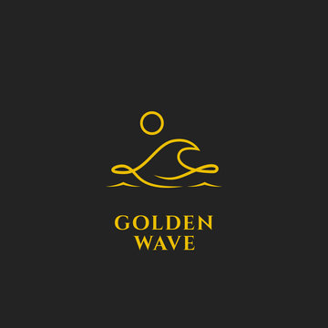 Golden ocean wave logo with midnight moon icon illustration symbol line outline monoline style