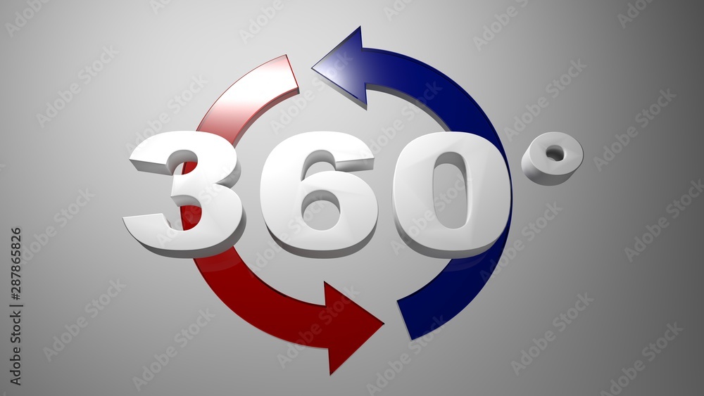 Poster 360 degrees in white characters, in front of two rotating arrows - 3d rendering illustration