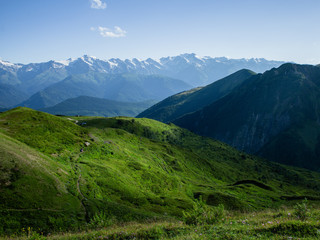 Obraz premium Mountains landscape, travel in Georgia. Summer green hills. Amazing view