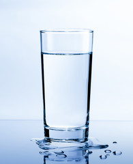 Glass of pure water with water drops on table, Healthcare and beauty hydration concept