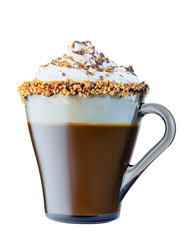 Mug of cappuccino with whipped cream. A mug of chocolate and roasted nuts. Isolate on a white background. The photo.