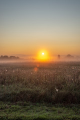 Sunrise on a foggy morning. Zavyalovsky district, Udmurt Republic, Russia.