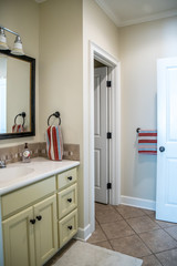 small guest bathroom with cabinet and mirror and sink and vanity
