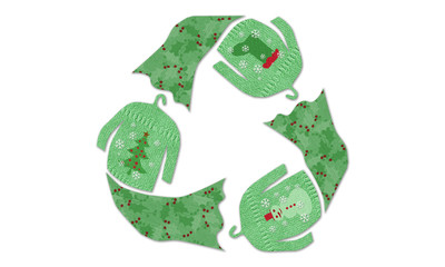 Festive christmas winter holidays recycle clothes symbol made reused fabric textures, clothes swap, sustainable fashion concept