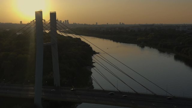 Drone footage of Siekierkowski Bridge in Warsaw.
