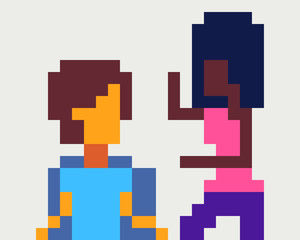Two girls spend time pixel art vector illustration. Design for logo, sticker and mobile app.