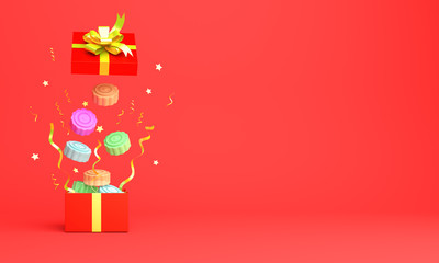 Flying gift box, moon cake, confetti on red background. Design creative concept of chinese festival celebration mid autumn, gong xi fa cai. 3D rendering illustration.