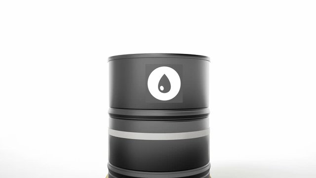Two metal black barrels with oil symbol located on wooden pallet isolated on white background. Camera pedestal movement, lift. 60 fps animation.