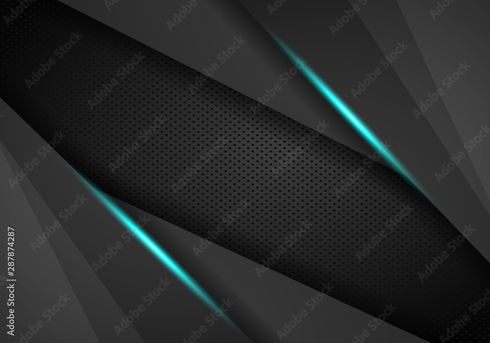 Poster dark abstract background with overlap layers. black metal perforated background.