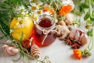 Honey in a glass jar with camomile calendula flowers, ginger root, garlic, anise - immunity tea ingredients, seasonal concept of alternative medicine for cold and flu