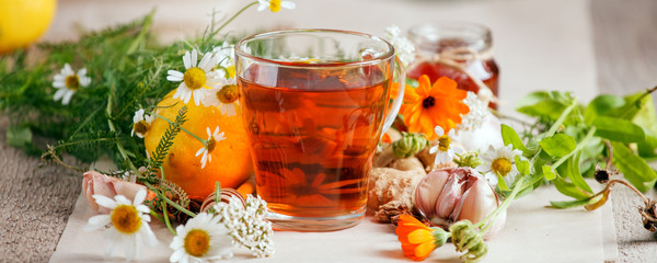 Cup of herbal tea with wild flowers and various herbs, garlic, ginger root. Seasonal immunity, cold remedy beverage, alternative medicine concept, banner - obrazy, fototapety, plakaty