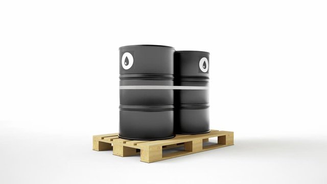 Two metal black barrels with oil symbol located on wooden pallet, isolated on white background. Barrels are strapped by tape. Camera dolly movement, zoom. 60 fps animation.
