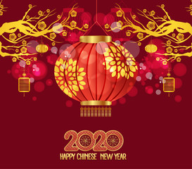 Naklejka premium Happy Chinese New Year 2020 Background with Lanterns and Light Effect