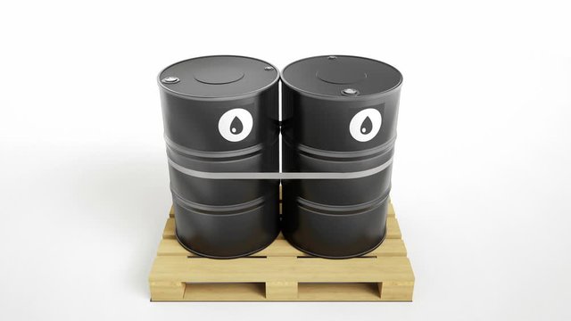 Top view of two metal black barrels with oil symbol located on wooden pallet, isolated on white background. Barrels are strapped by tape, fillers on top. Camera tilt movement. 60 fps animation.