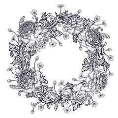 Peonies and baroque style ornament details. Wreath.