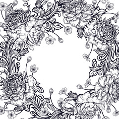 Peonies and baroque style ornament details. Frame.