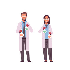 scientists couple holding test tubes man woman in uniform working with flasks researchers making experiment in laboratory research science chemical concept horizontal full length