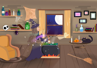 Halloween, Witch using magic for cooking in her wood house, cartoon decorate, pumpkin spider, bat and spooky, interior room, night party, poster, happy holiday season background vector