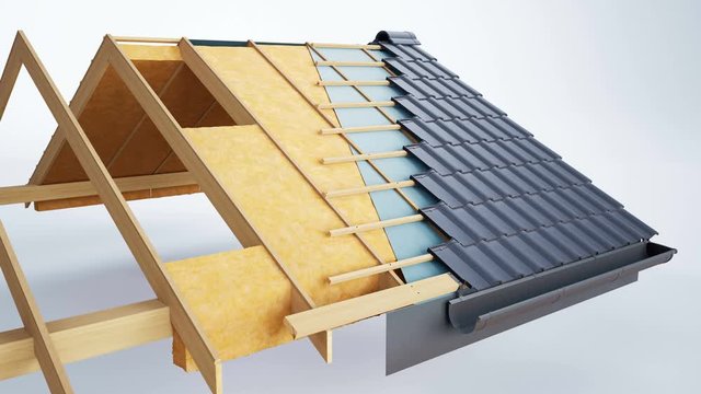 Cross section of roof construction, constructive and technological layers, gray classic tiles. 60 fps animation.