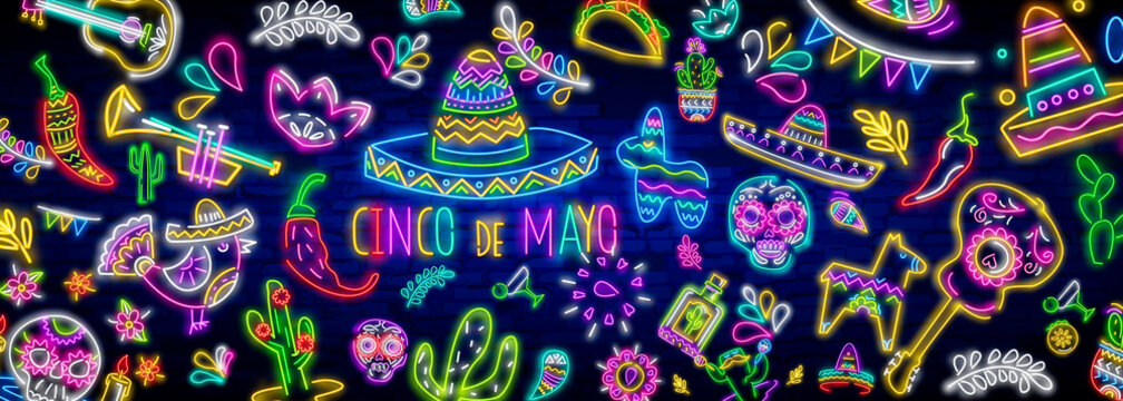 Neon Mexican icons. Icon from Cinco De Mayo. Mexico neon sign. Day of the Dead Dia de Muertos . Neon sign, bright signboard, light banner. Cactus in sombrero in neon style