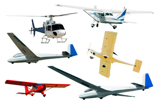 Passenger airplanes, gliders, gyroplanes, sports light aircraft  isolated