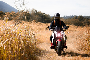 Obraz na płótnie Canvas Asian man is riding a motorbike on a grassy road in Khao Yai National Park, Thailand.