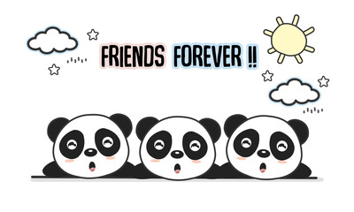 Friends forever greeting card with little animals. Cute pandas cartoon vector illustration.