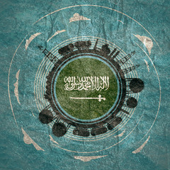 Circle with energy relative silhouettes. Objects located around circle. Flag of the Saudi Arabia in the center of circle. Modern brochure, report or leaflet design template.