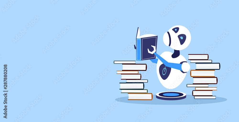 Poster cute robot reading book robotic character studying artificial intelligence technology education conc