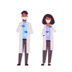 Fototapeta premium scientists couple holding test tubes african american man woman in uniform working with flasks researchers making experiment in laboratory research science chemical concept horizontal full length
