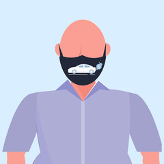 man wearing protective face mask with car exhaust pipe icon smog air pollution virus protection ecology concept guy profile avatar male cartoon character portrait flat