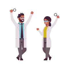 scientists couple raising hands with magnifying glass african american man woman researchers in uniform making experiment analysis in laboratory research science chemical concept full length flat