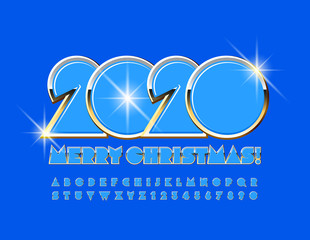 Vector colorful Greeting Card Merry Christmas 2020. Bright Blue and Golden Font. Chic Alphabet Letters and Numbers. 