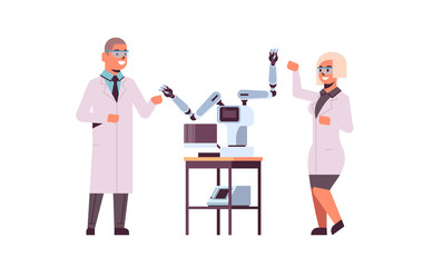scientists couple near industrial robotic arms man woman in uniform with robot manipulators smart medical machine automatic technology concept full length flat horizontal
