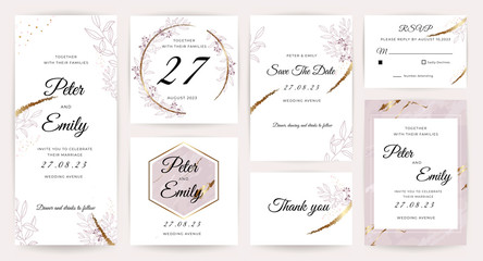 Fototapeta na wymiar Wedding invitation cards with marble, floral and gold texture background. Set of invite card, RSVP, Thank you card, Save The Date card vector collection.