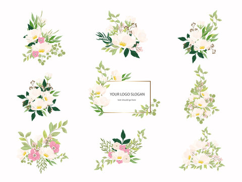 Set of floral branch. Flower and rose decoration frame for wedding logo. Floral poster, Vector arrangements for greeting card or invitation design template vector
